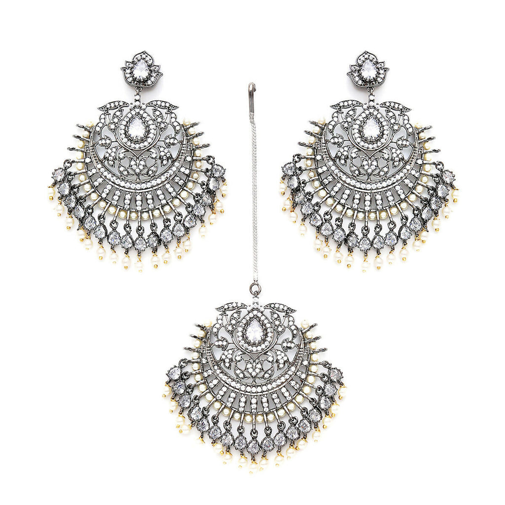 Diamond Earrings with Matching Maang Tikka- Ruby Raang