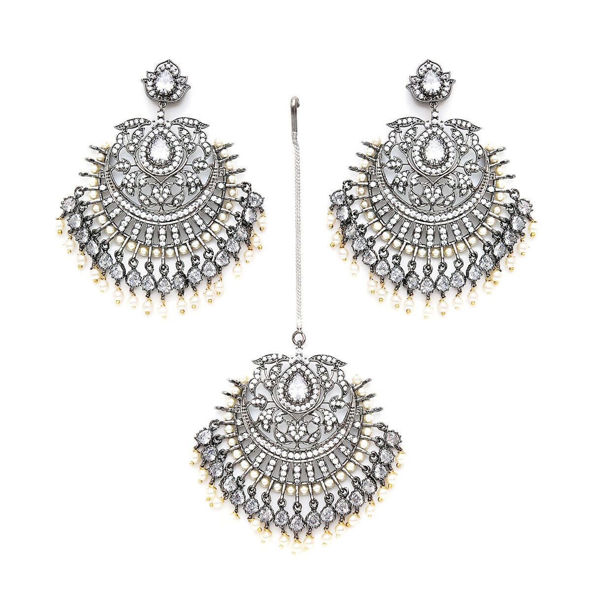 Diamond Earrings with Matching Maang Tikka- Ruby Raang
