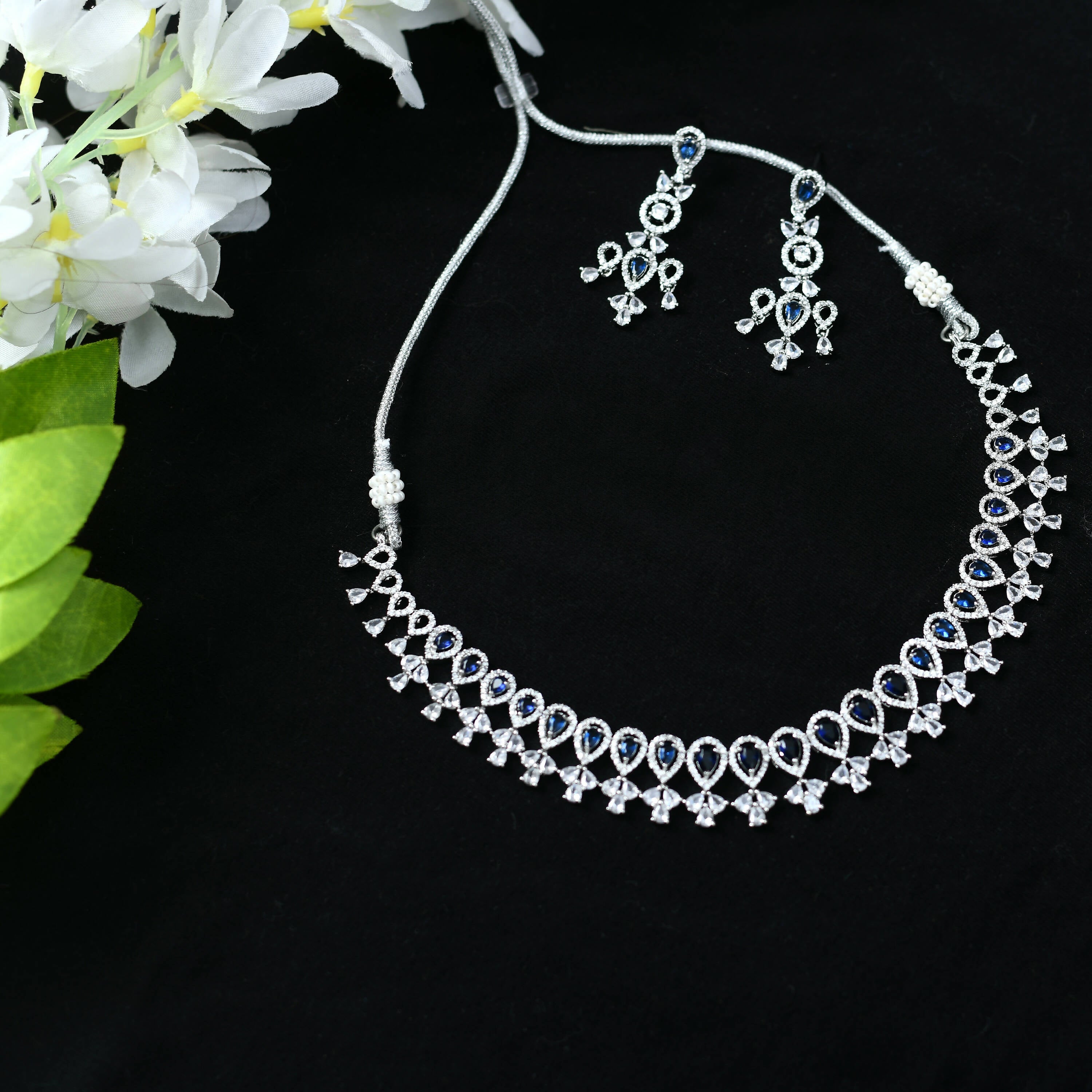 Mominos Fashion Johar Kamal Silver-Plated American Diamond Silver Blue Choker Set