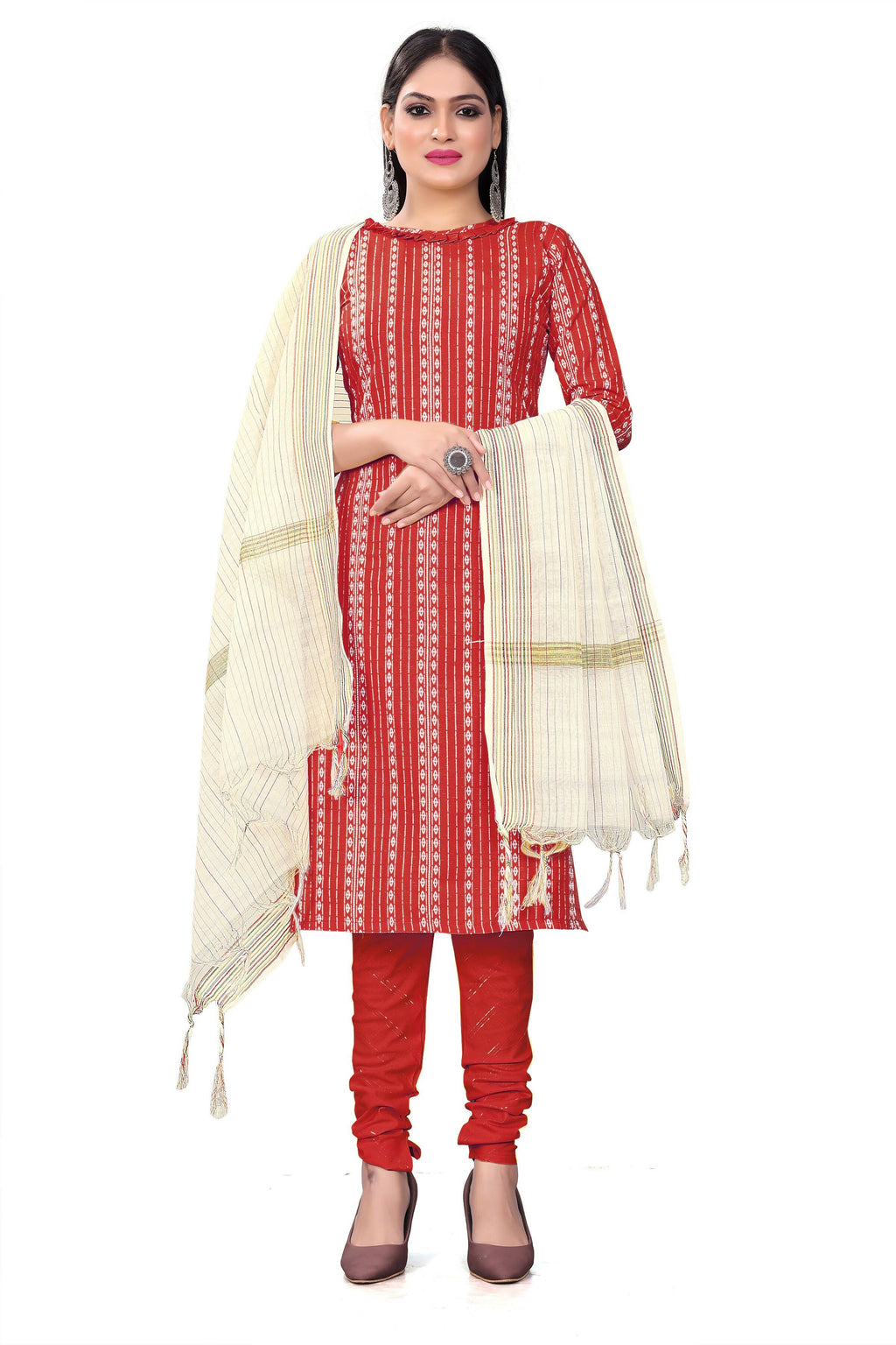 Red Cotton Jacquard Woven Unstitched Dress Material - Amara