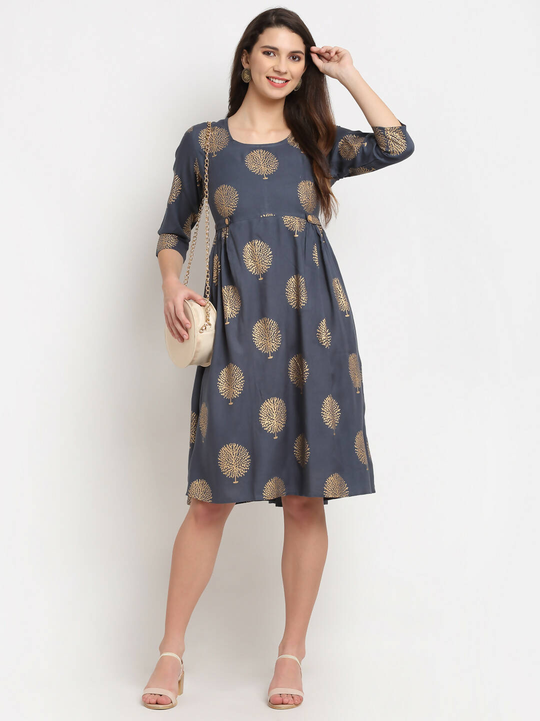 Rudra Bazaar Gold Boota Printed Grey Kurti