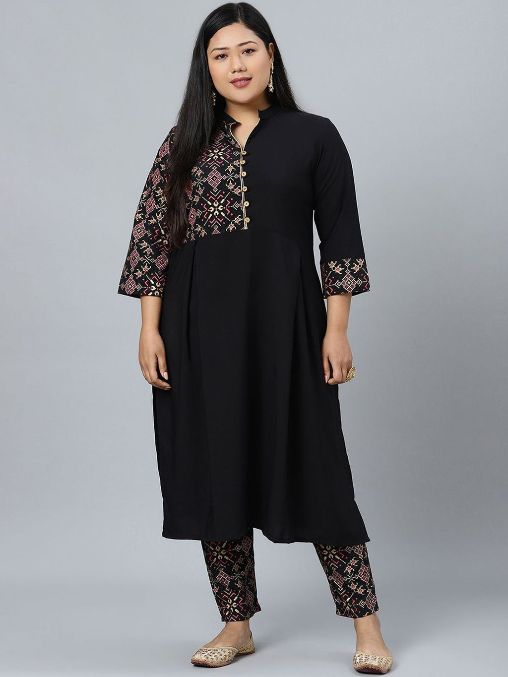 Sztori Plus Size Geometric Printed Mandarin Collar Straight Kurta With Trouser