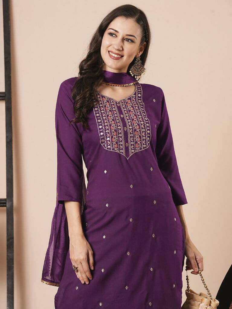 Purple Rayon Slub Embroidery Work Kurta Set - Riya