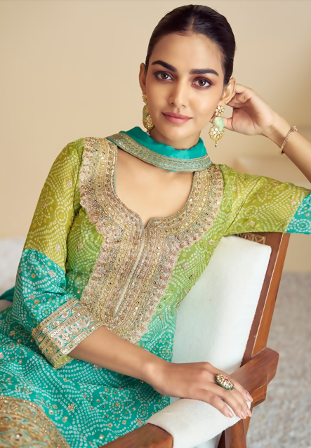 Vastranavya Turquoise Chinon Bandhini Print with Embroidery & Mirror or Jharkhan work Sharara Suit