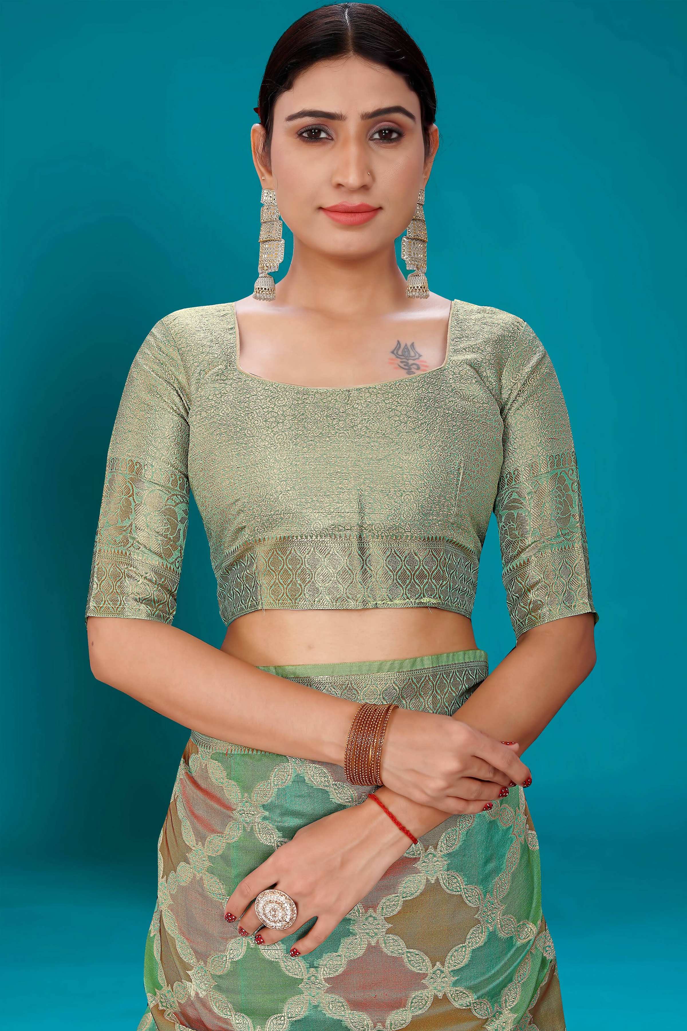 Sea Green Soft Organza Woven Design Saree with Unstitched Blouse Piece - Zaara