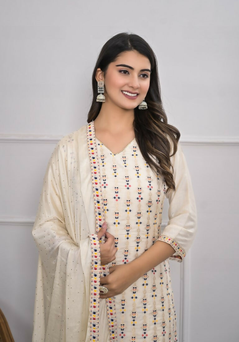 Cream Jequard Silk Embroidery with Thread and sequence Stitched Suit With Dupatta - Tanisha