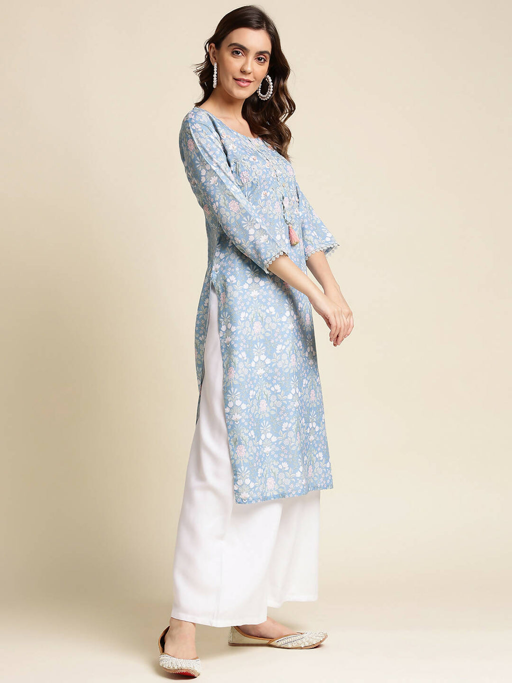 Blue Linen Floral Printed Straight Fit Kurta - Prasuti
