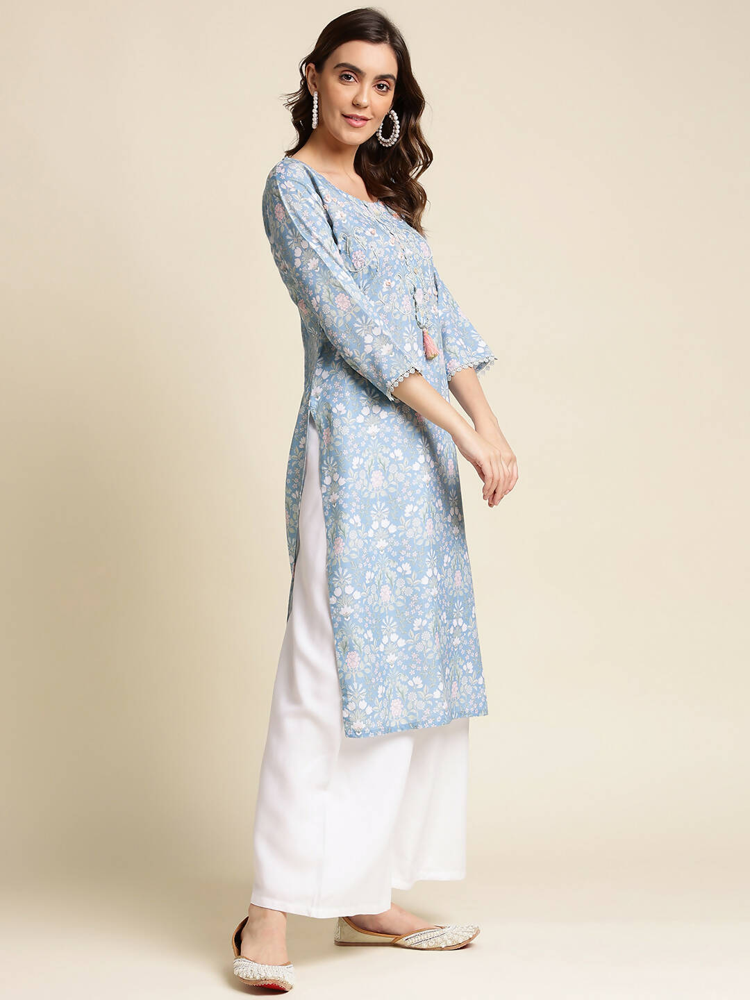 Blue Linen Floral Printed Straight Fit Kurta - Prasuti