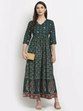 Rudra Bazaar Floral Printed A-Line Flared Green Kurti