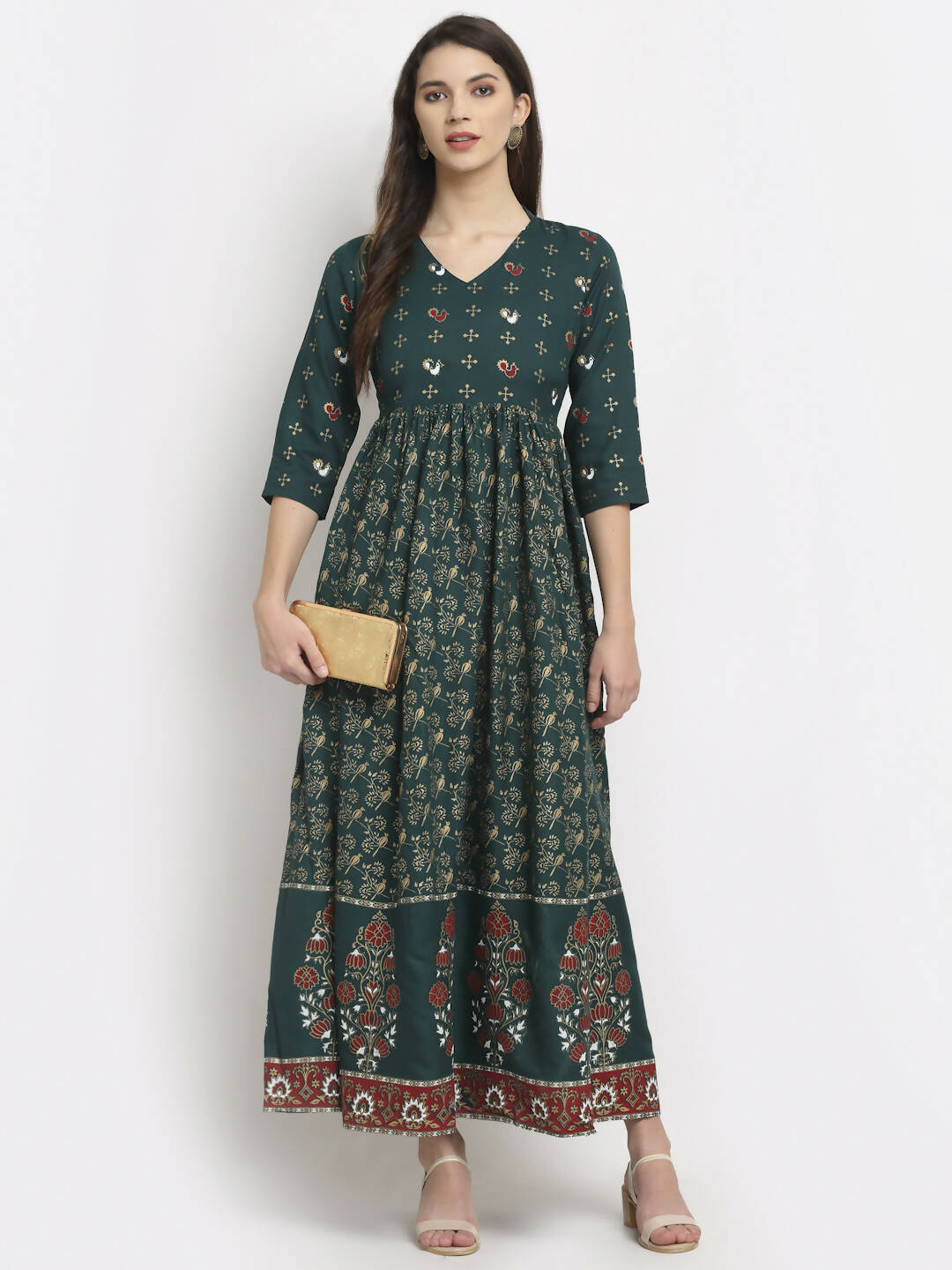Rudra Bazaar Floral Printed A-Line Flared Green Kurti