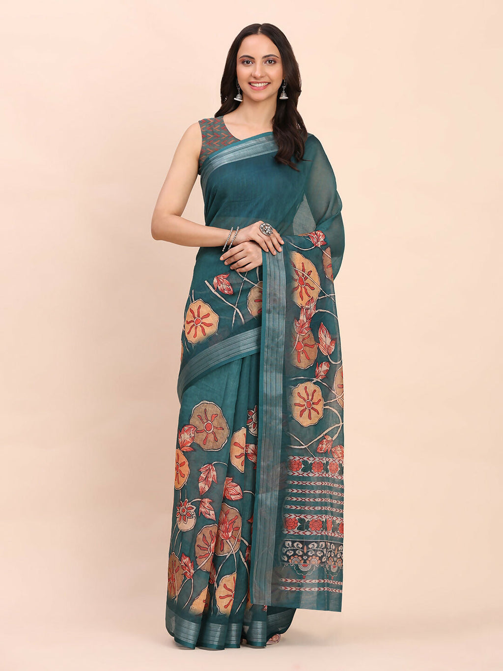 Shree Shyam Fashion Linen Cotton Teal Blue Saree