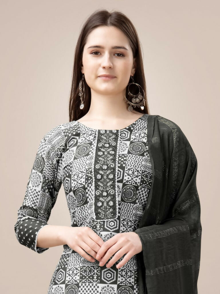 Jyoti Fashion Women's Black Rayon Print with Embroidery & Fancy Lace Work Kurta with Trouser & Dupatta