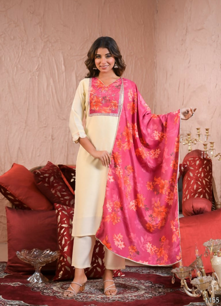 Ethnic Festive Wear Chanderi With Lining White & Pink Stitched Suit With Dupatta - Tanisha