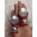 MS Fashion India Designer Red Color Pearls Mirror Tassel Silver Jhumka Earrings