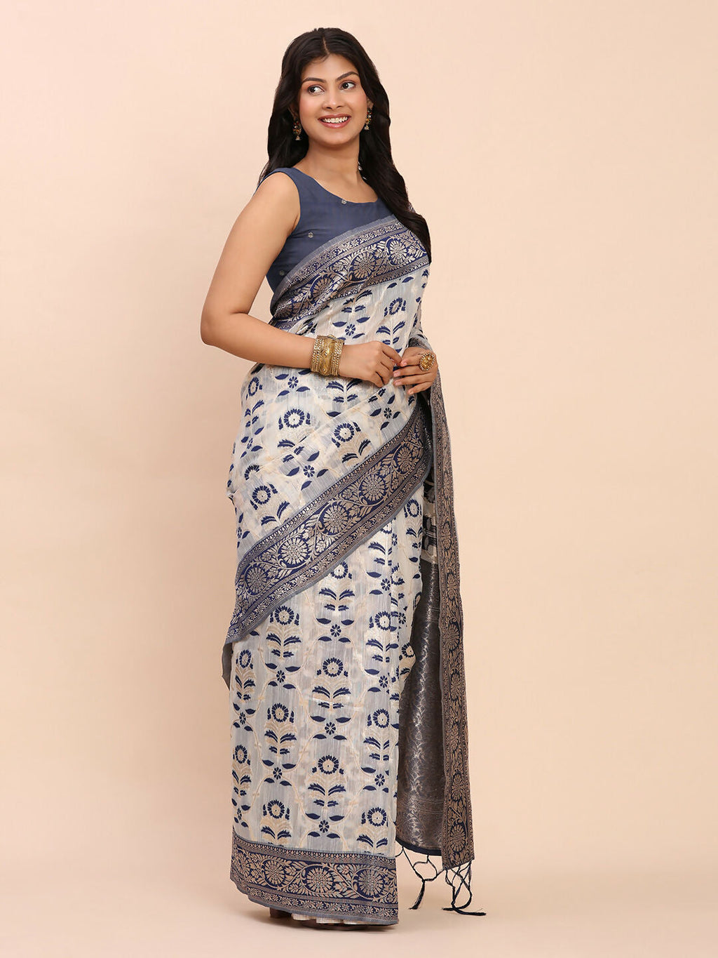 Shree Shyam Fashion Linen Cotton Navy Blue Saree