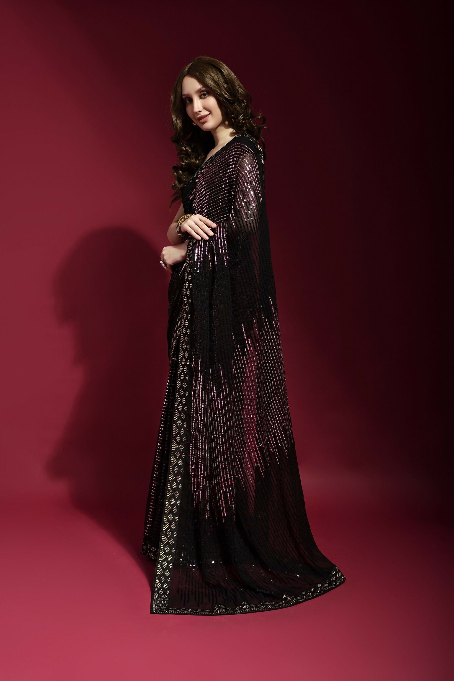 Vegaa Fashion Black Georgette Embroidered Party Wear Saree