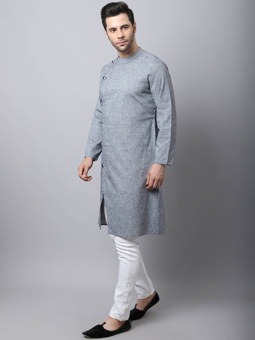 Even Apparels Grey Pure Cotton Sherwani Men's Kurta With Asymetrical Cut