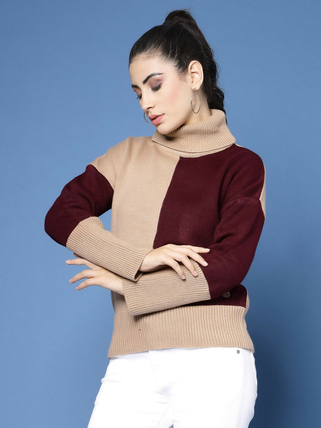 Women Winter Camel Brown Acrylic Sweater - Wool Trees