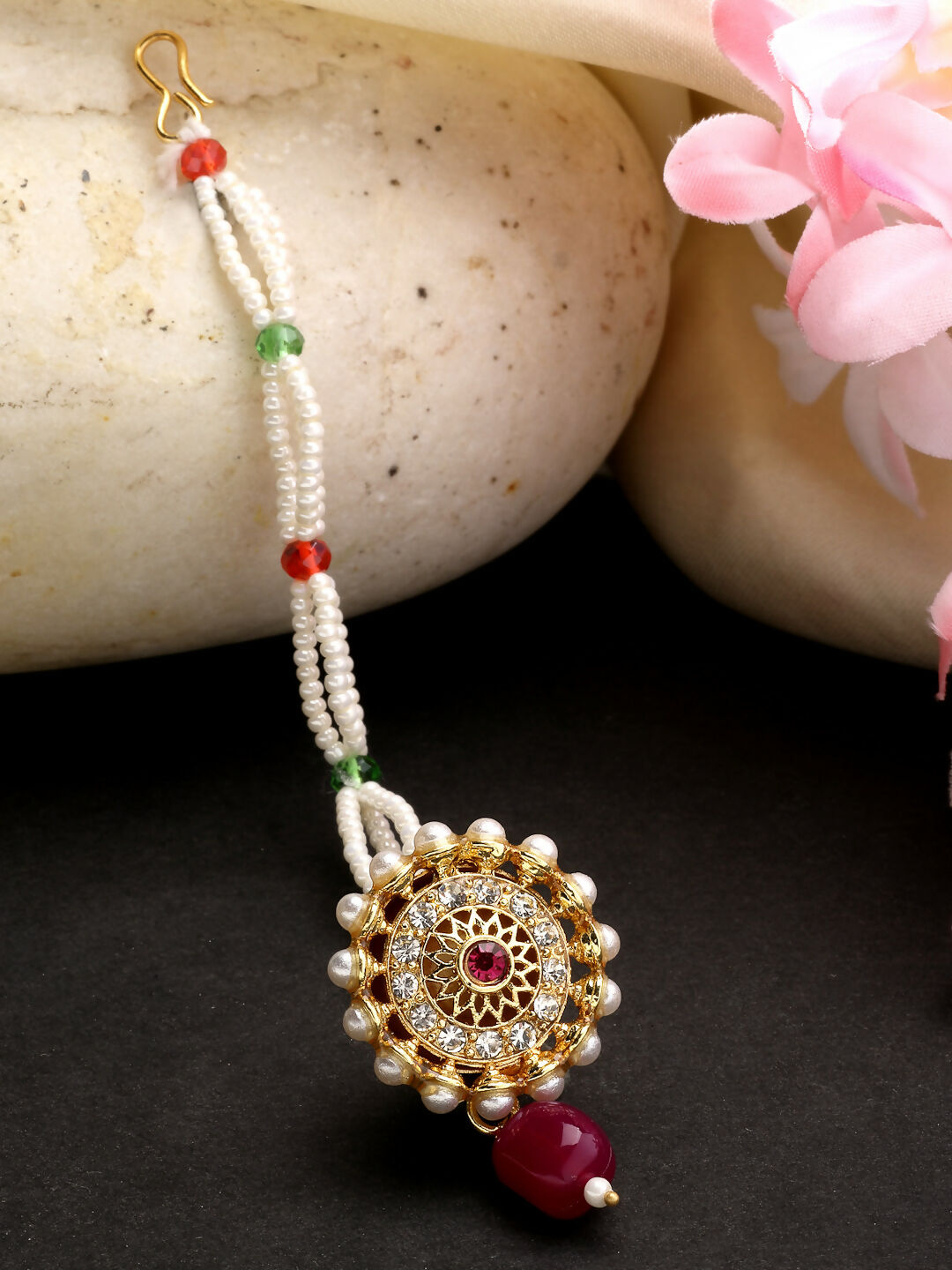 NVR Women's Gold-Polished CZ Stone-Studded Borla Maang Tikka