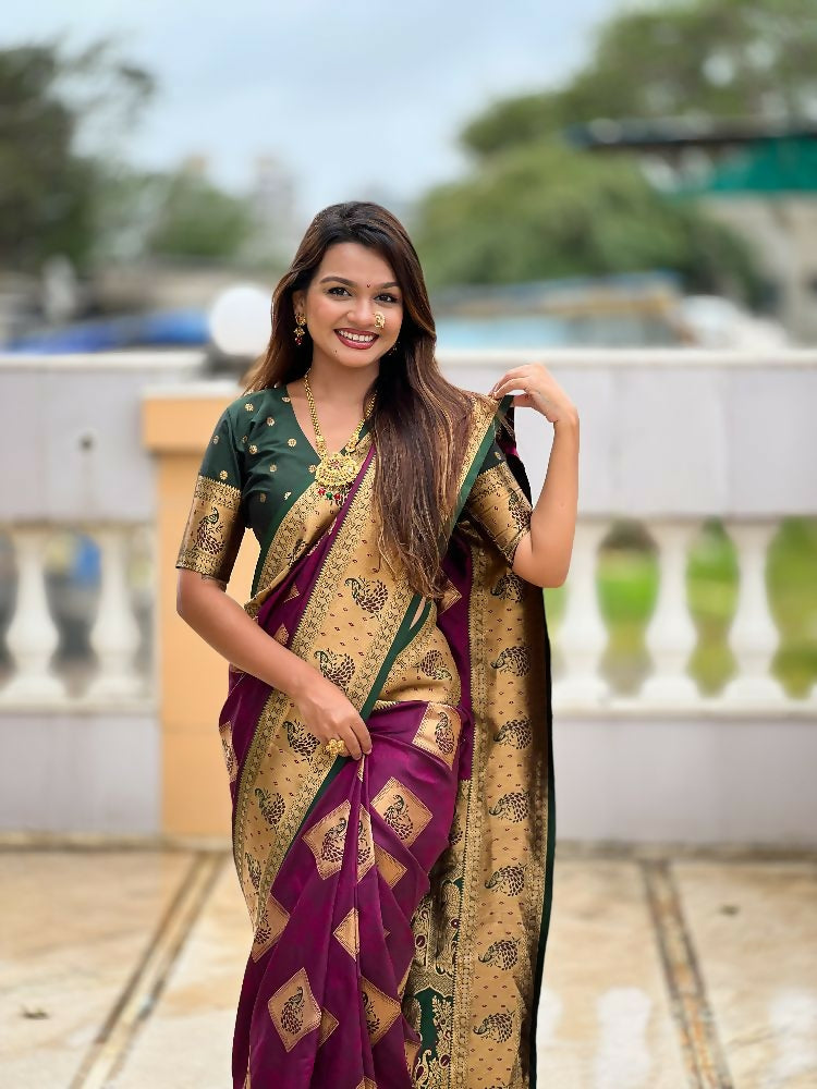 PR Fashion Wine Soft Banarasi Silk With Zari Weaving Meenakari Design Saree