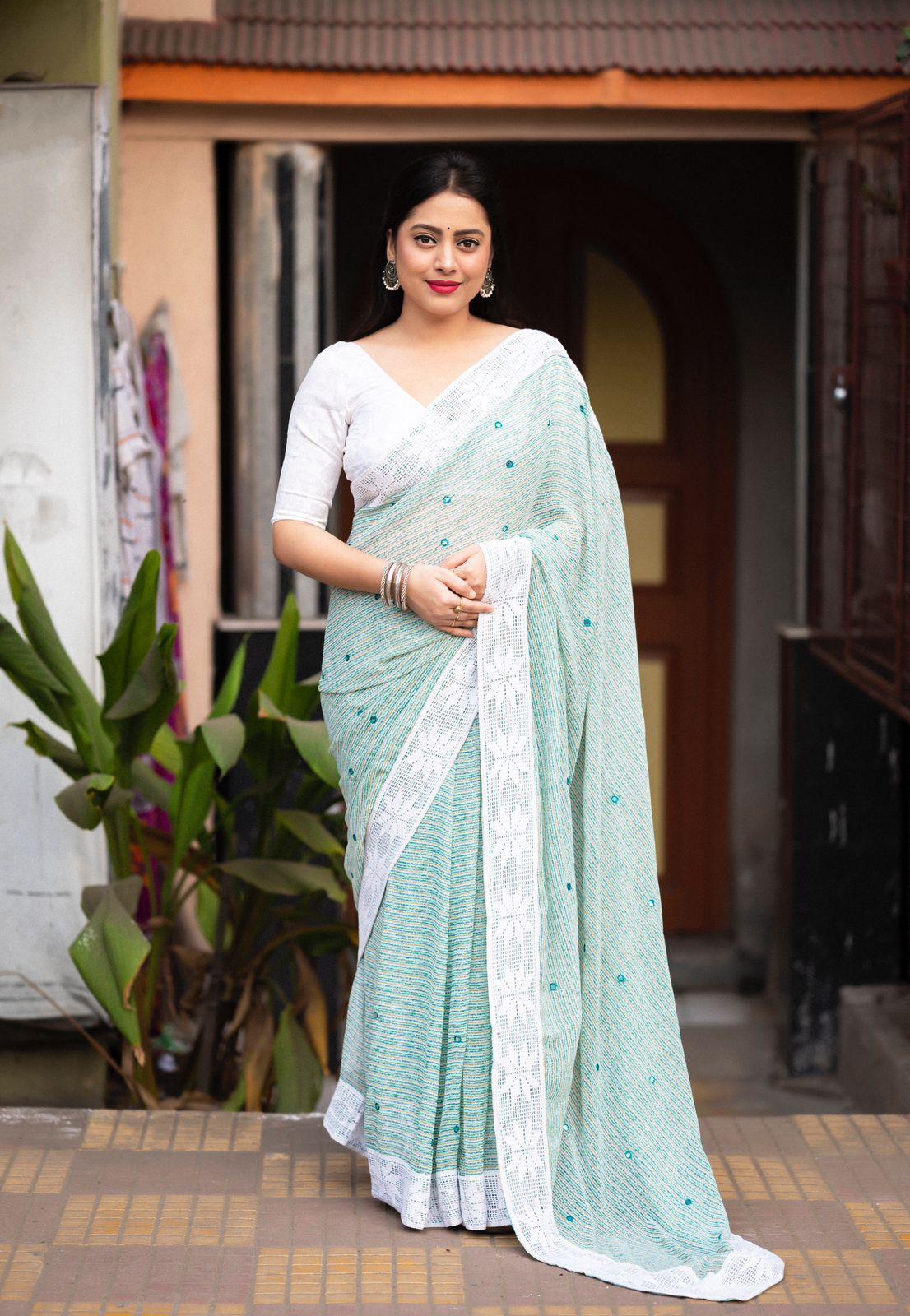 Blue Poly Georgette Ethnic Motifs Saree with Unstitched Blouse - Hiral Fashion
