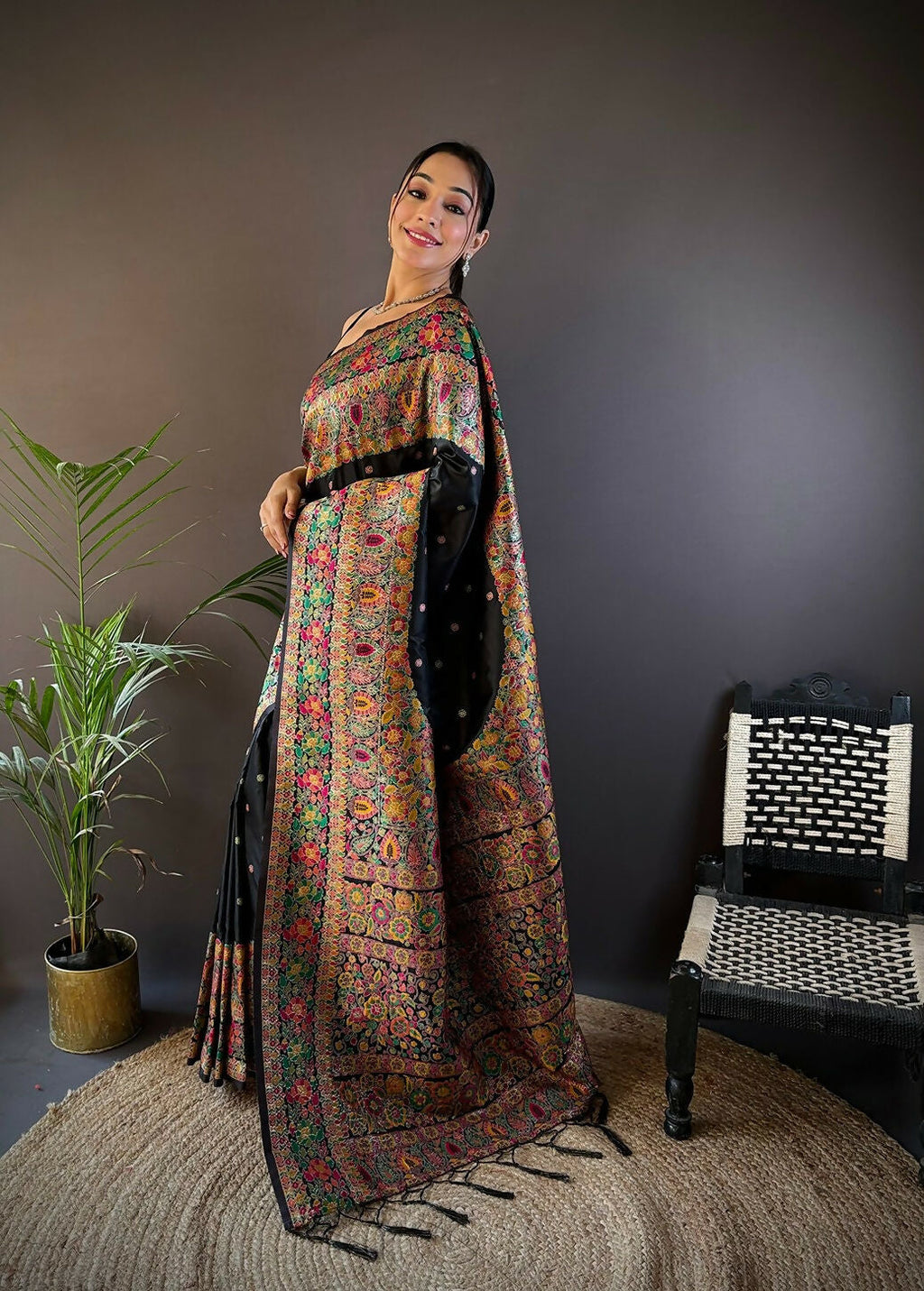Joban Fashion Black Meena Weaves Pashmina Sarees
