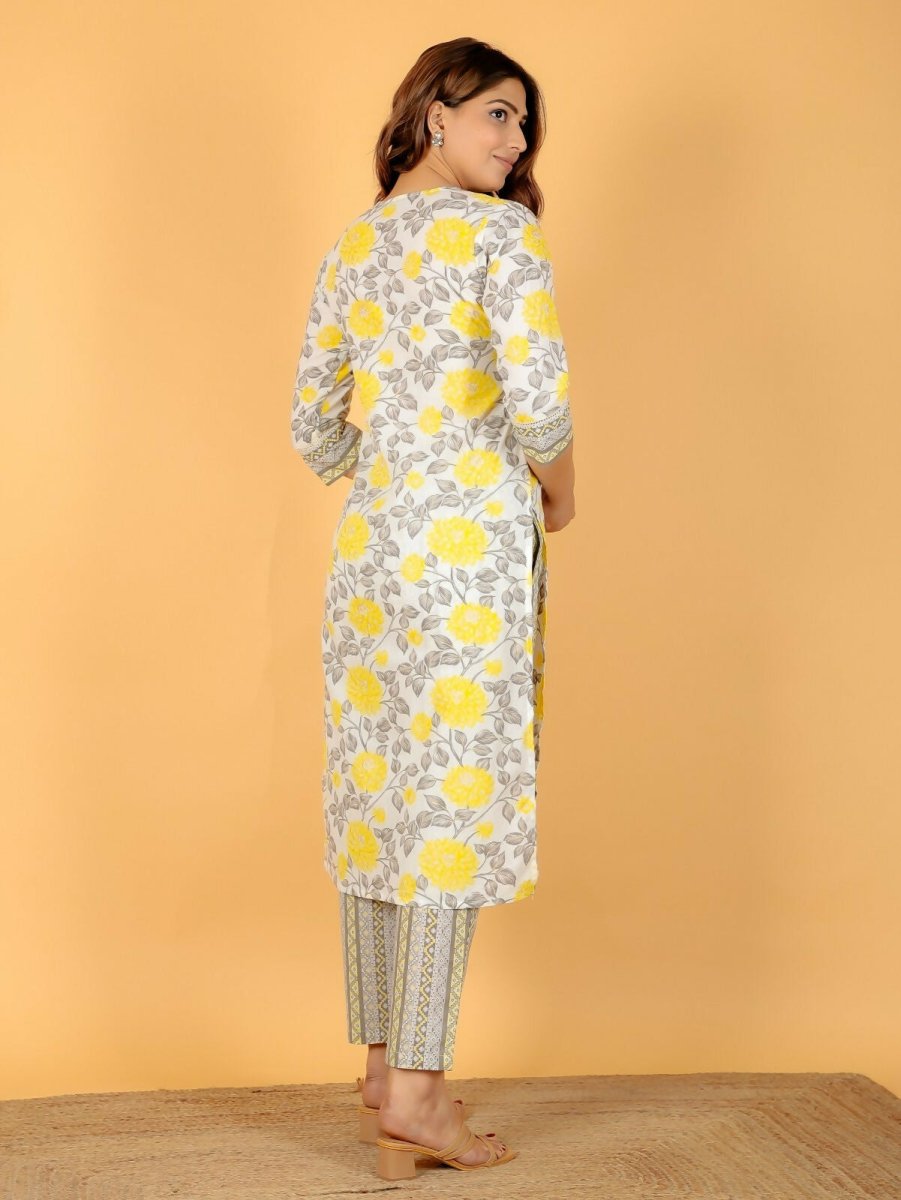 Aramya Yellow Soft Cotton Floral Print Straight Kurta Pant Set for Women