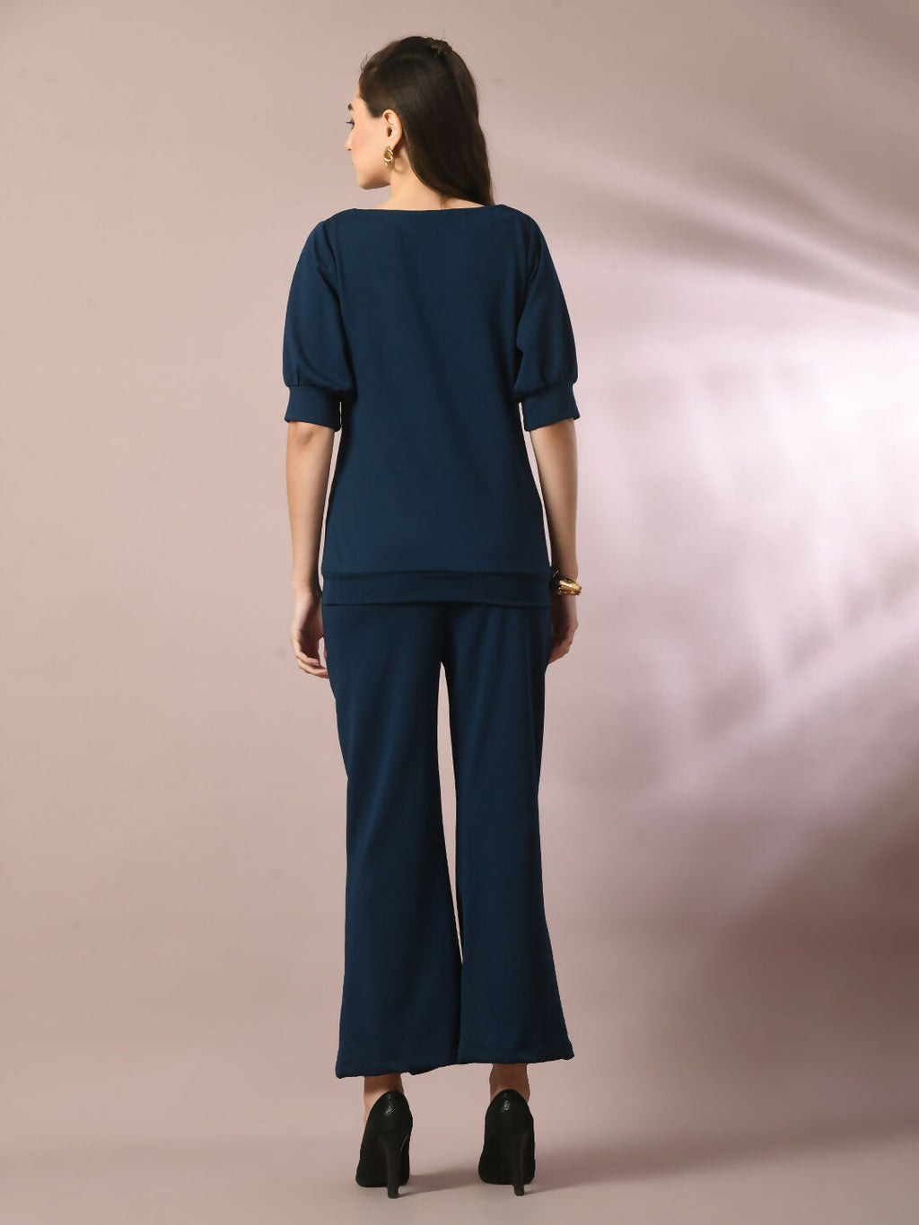 Myshka Women's Blue Solid Boat Neck Party Top With Trousers Co-ord set
