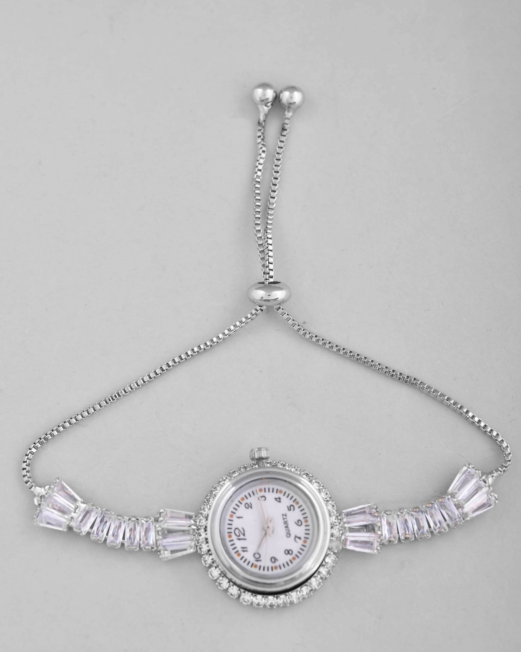 VOJ Silver Plated Crystal Studded Watch Bracelet
