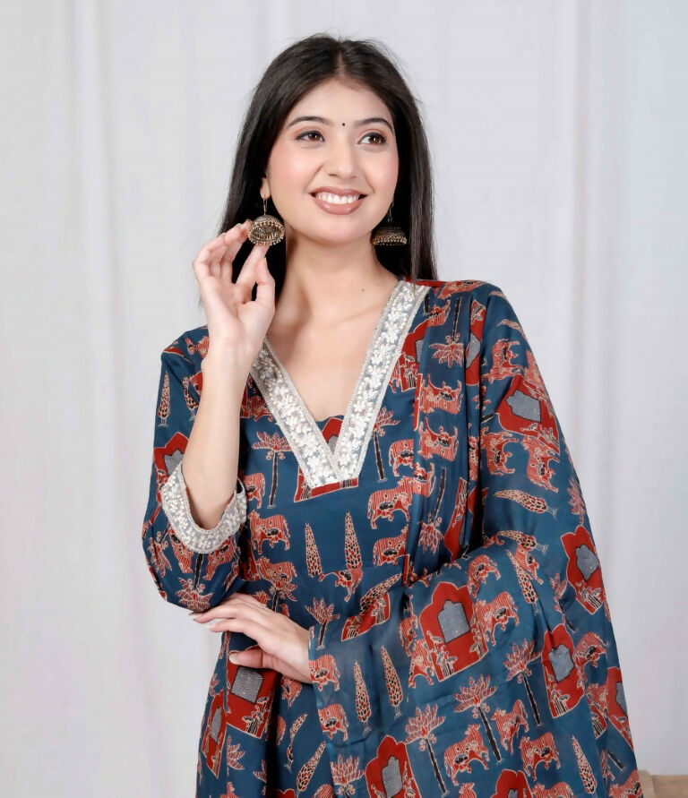 Miravan Women's Pure Cotton Blue Zari Lace Anarkali Kurta with Printed Dupatta Set