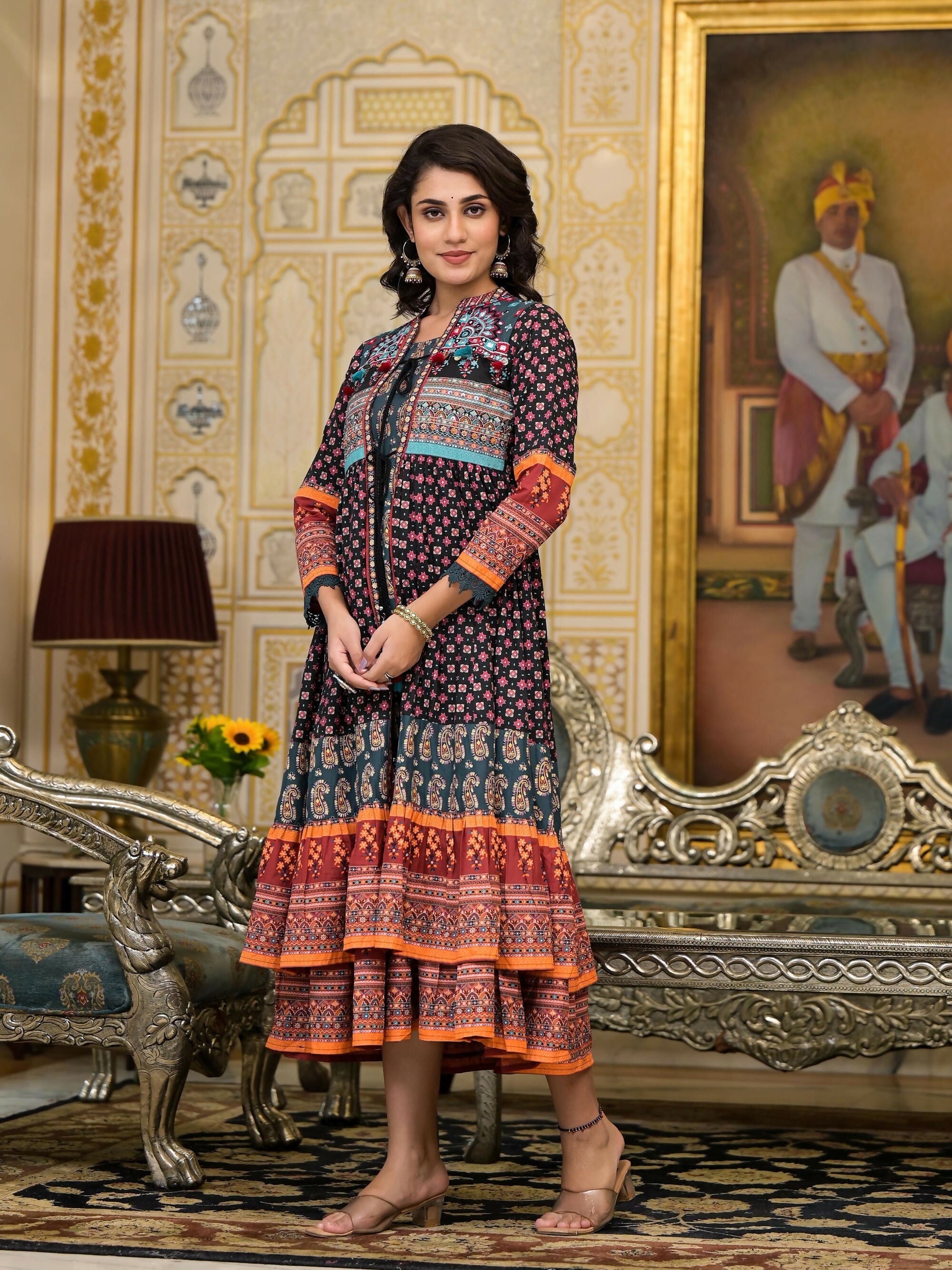 Juniper Women's Black Ethnic Motif Printed Cotton Dress With Coins Thread & Mirror Work