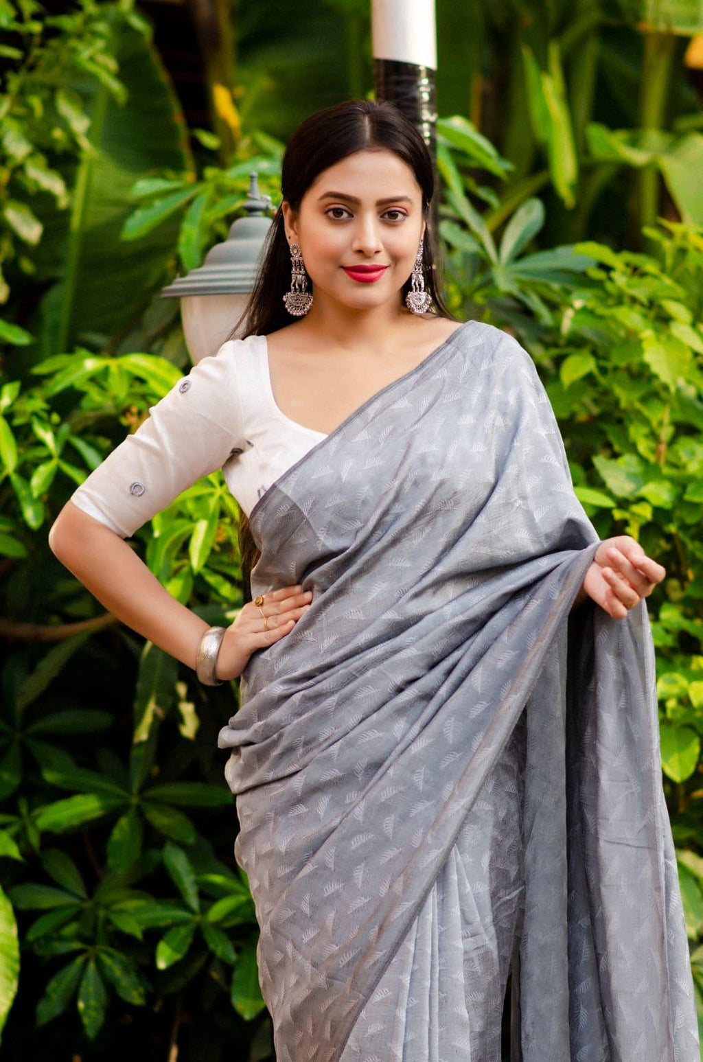 Grey Poly Georgette Woven Design Saree with Unstitched Blouse - Hiral Fashion