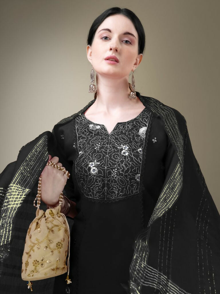 Jyoti Fashion Women's Black Cotton Blend Embroidery & Fancy Lace work Kurta with Trouser & Dupatta