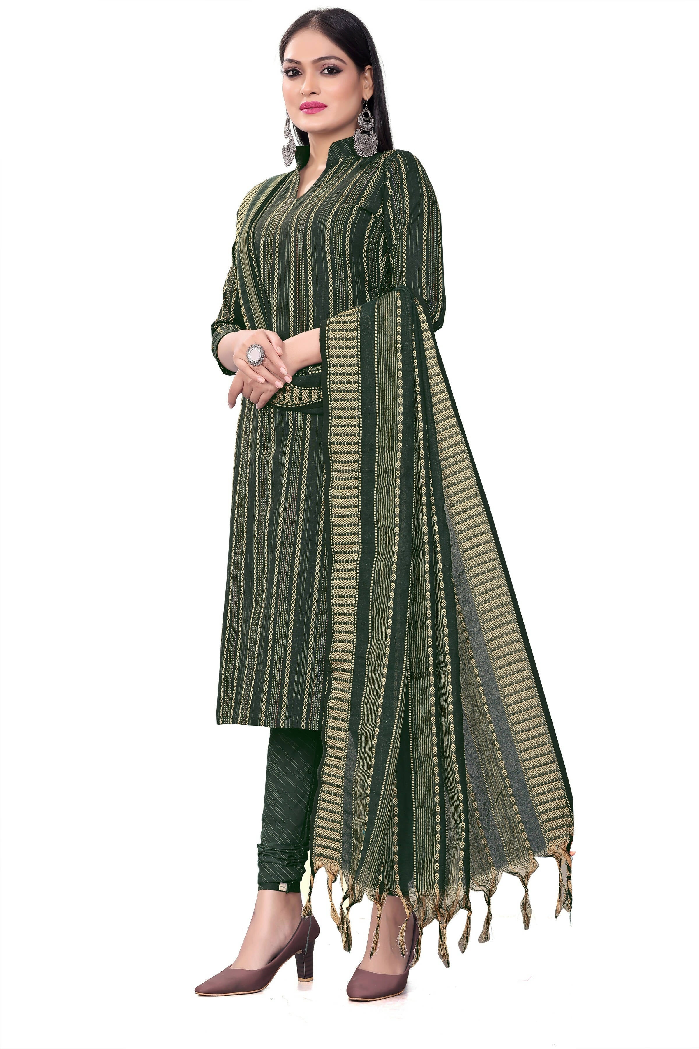 Green Cotton Jacquard Woven Unstitched Dress Material - Tanvi
