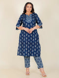 Aramya Blue Soft Cotton Floral Print Straight Kurta Set for Women