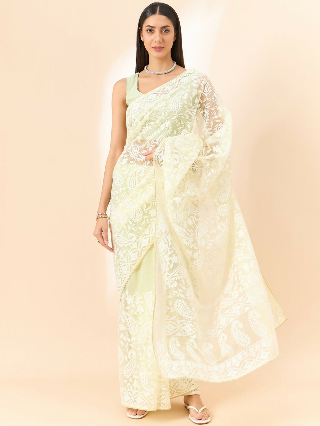 Yellow Organza Paisely Embroidered Saree with Unstitched Blouse Piece - Roozal