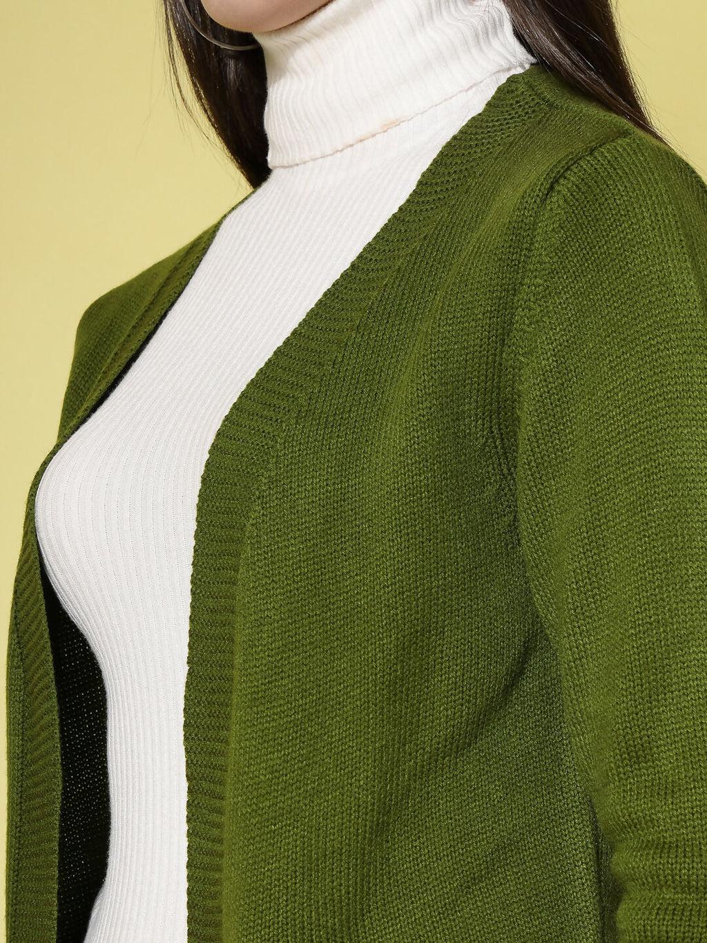 Women Olive Acrylic Solid Cardigan - Wool Trees