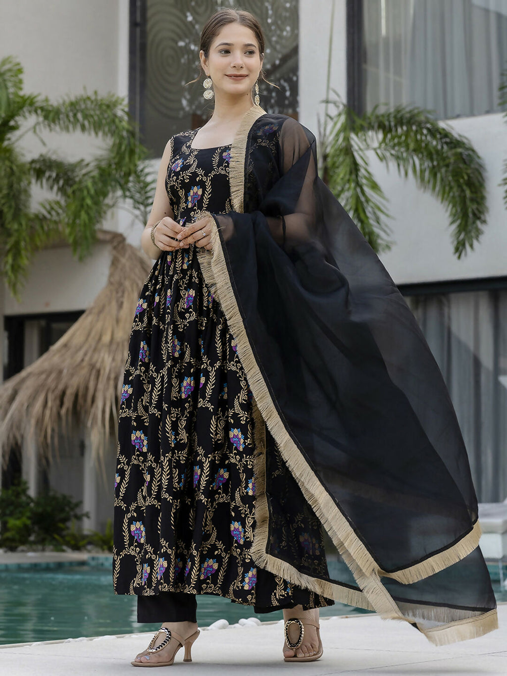 The52 Black Women's Gorgeous Printed Muslin Fabric Flared Kurta Pant and Dupatta Set