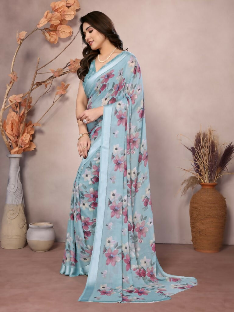 Designer Partywear Light Blue Bright Moss Satin Patta Fancy Saree - Kanak