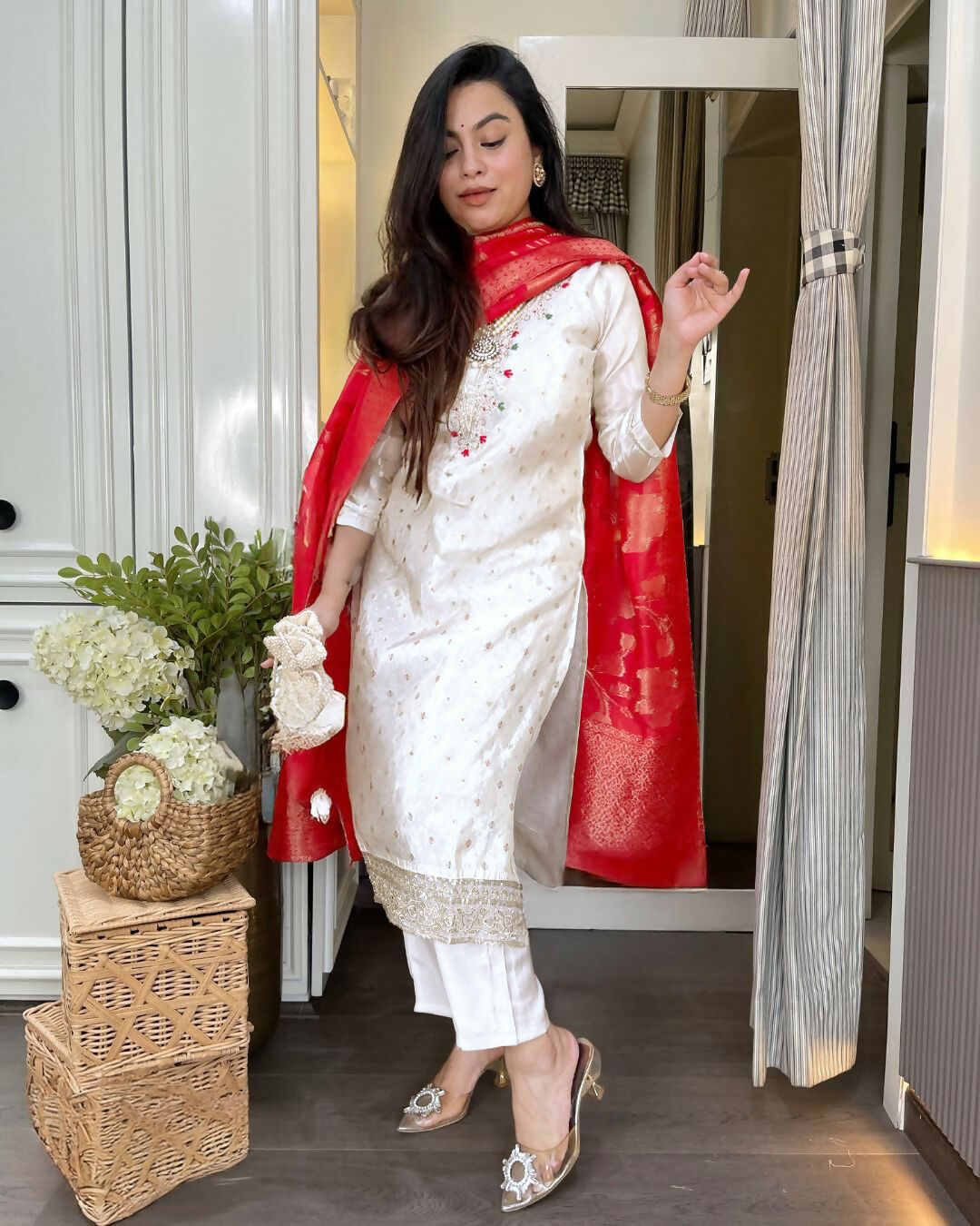 The52 White Women's Beautiful Chanderi Jacquard Fabric Embroidered Work Straight Kurta Pant and Dupatta Set