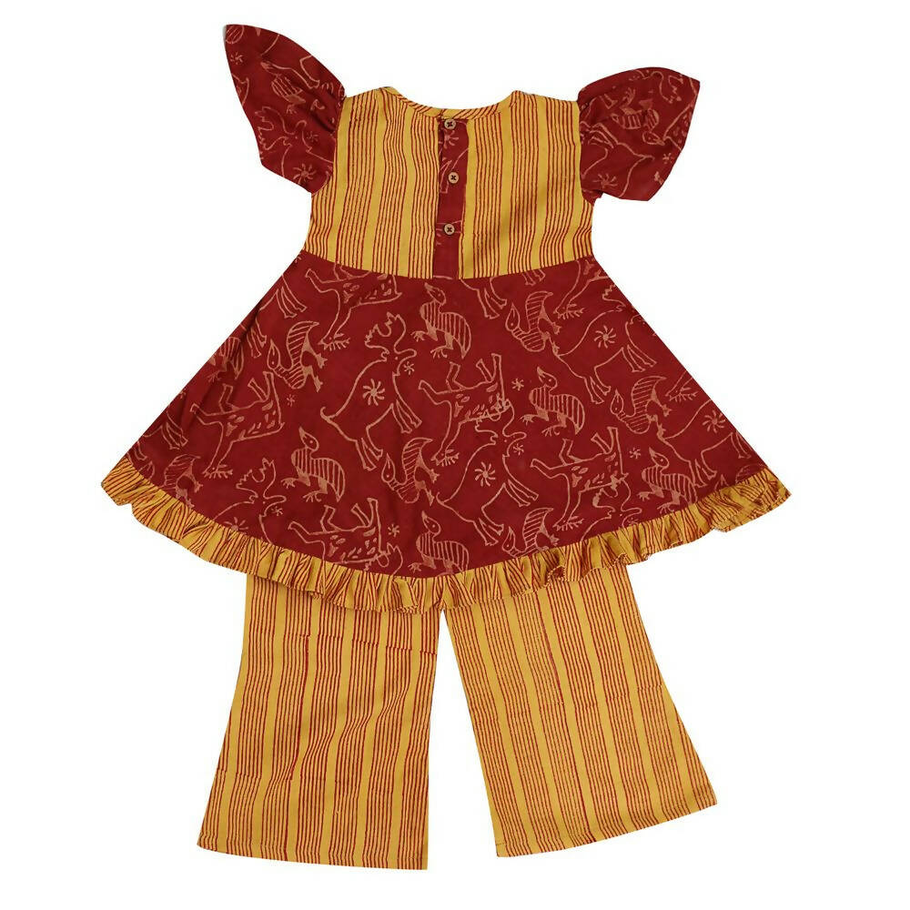 Mhyssa Aruba V- neck Puff Sleeves Red and Yellow Kurta With Full Length Pant Set For Kids