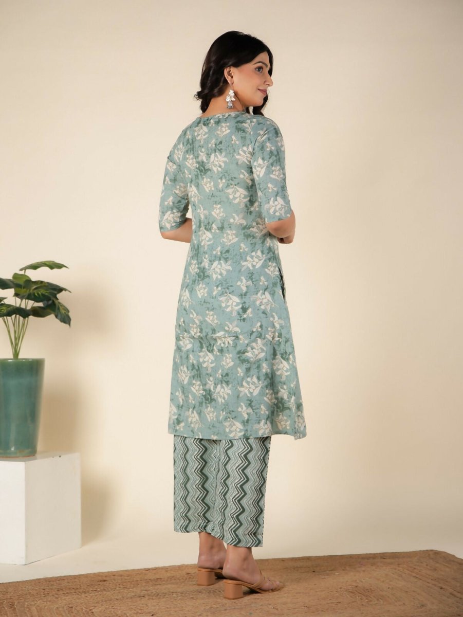 Aramya Green Soft Cotton Floral Print A-line Kurta Set for Women