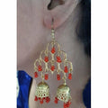 MS Fashion India Gold-Polished Fashion Traditional Double Jhumka Long Red Pearls Earrings