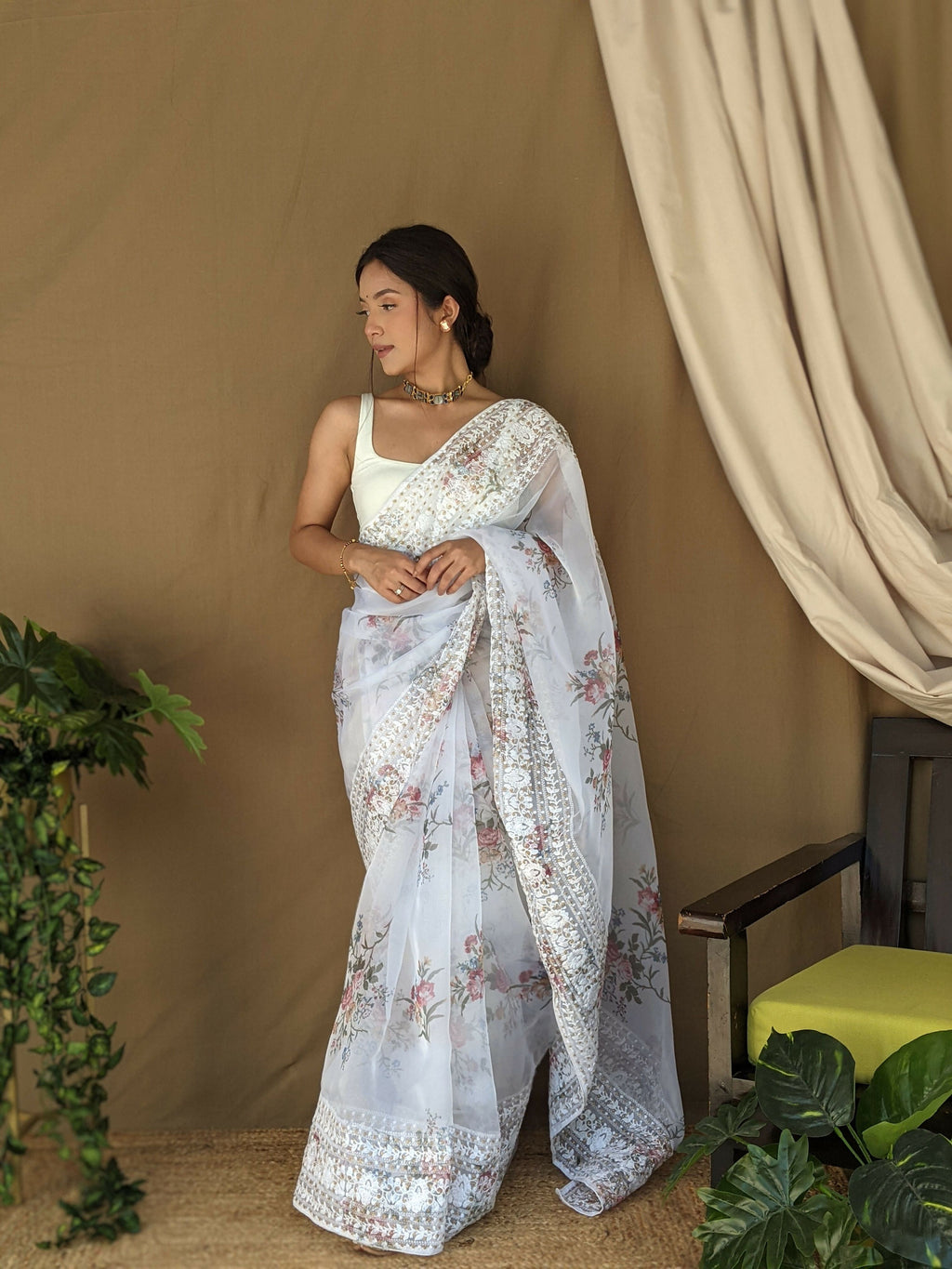 Vamsee White Border White Organza Saree
