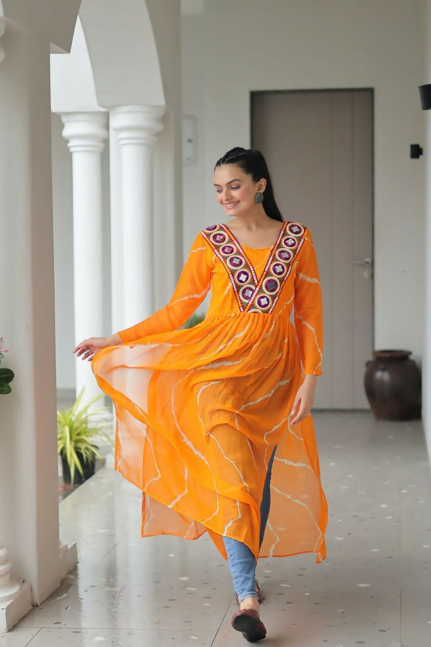 Vastranavya Orange Navratri Special Kutchi Patch Work with Leheriya Printed Kurti