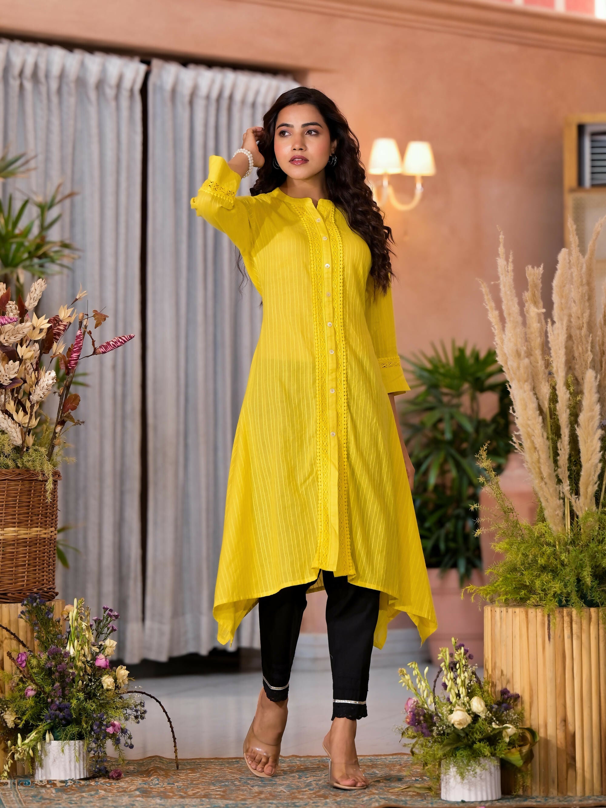 Juniper Women's Yellow Thread Embroidered Cotton Asymmetrical Kurta With Button Closure