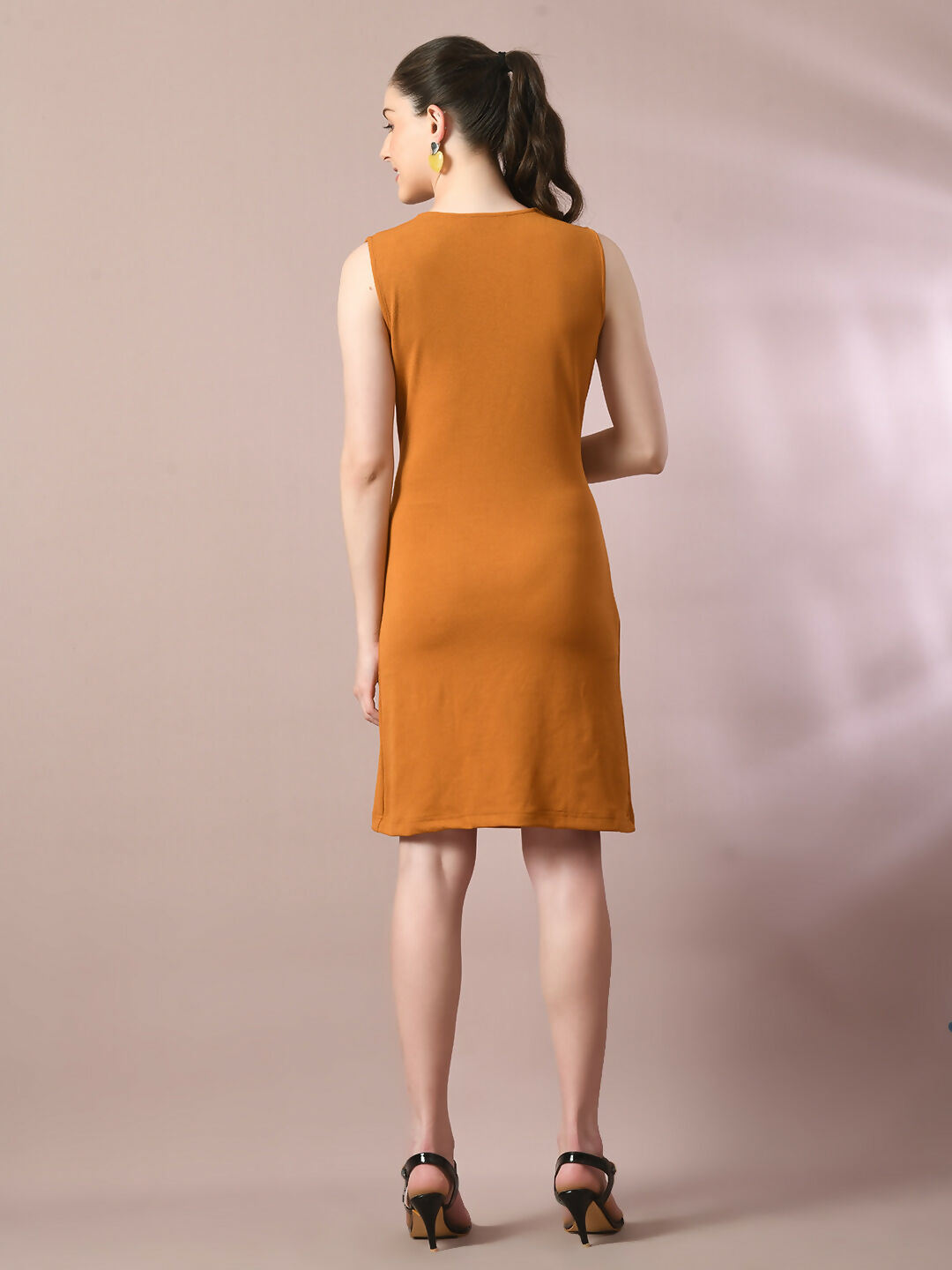 Myshka Women's Mustard Solid Cowl Neck Bodycon Party Dress