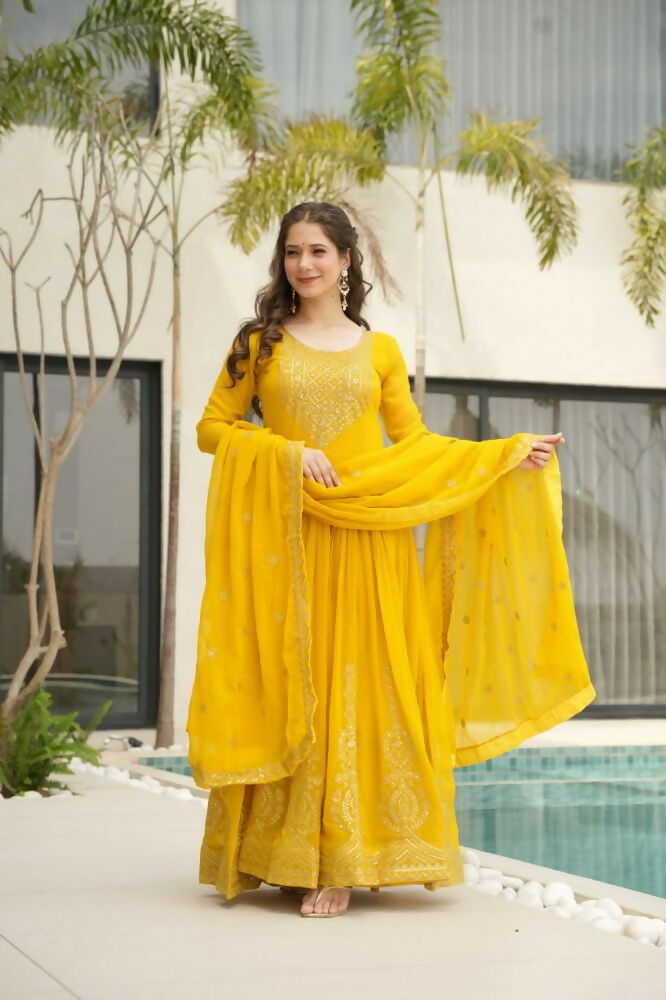 Vastranavya Yellow Faux Blooming with Embroidery Zari Sequins Work Gown