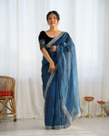 Attrctive Looking Gold Jari, Sequance Embroidery Work Twill Net Party Wear Saree - Teal