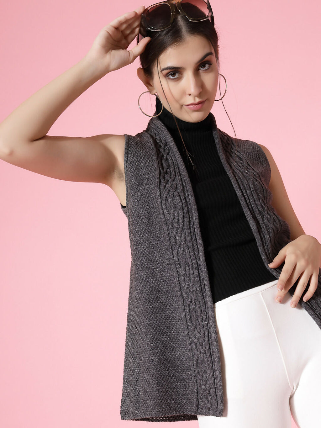 Women Charcoal Acrylic Self Design Winter Cardigan - Wool Trees